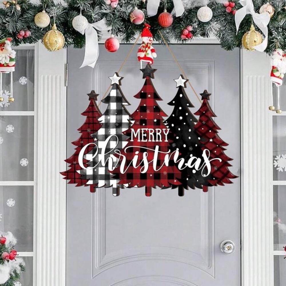 NWT- Stunning Buffalo Check Merry Christmas- 5 Tree🎄 Wooden Decoration Sign